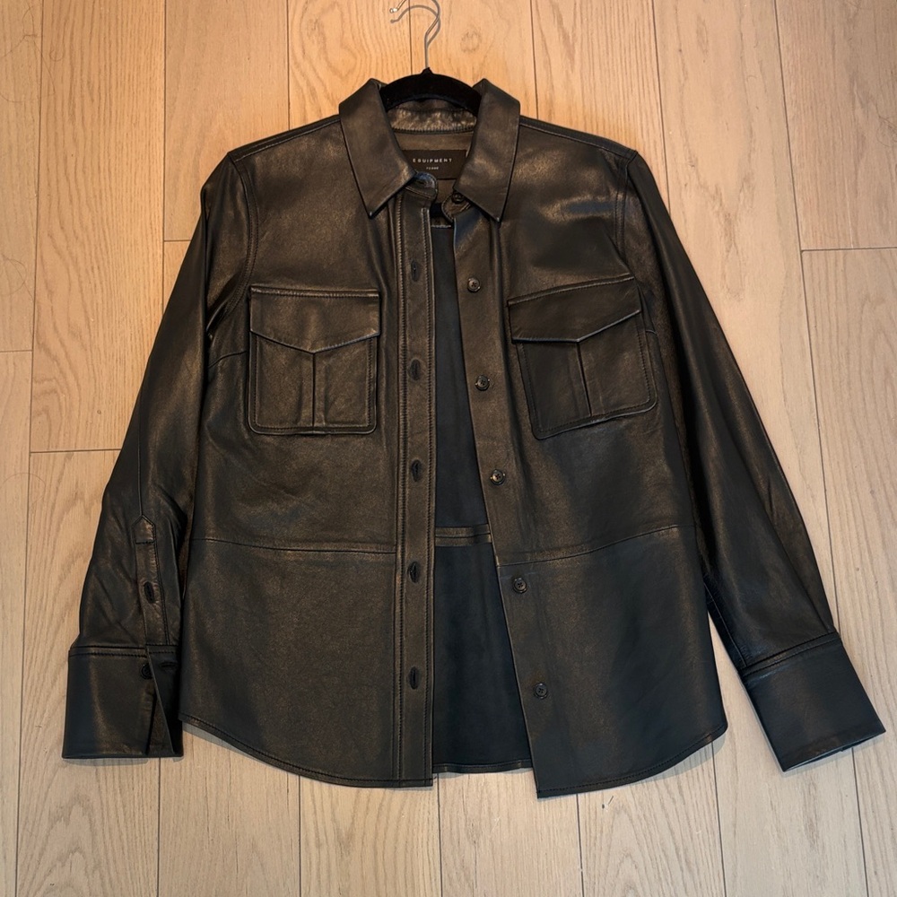 Equipment Black Leather Shirt Jacket